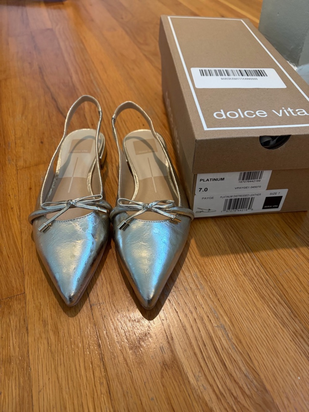 Dolce Vita Platinum Metallic Pointed Slingback Flats with Bow Accent